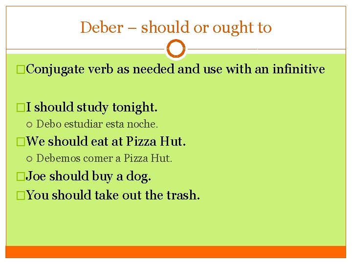 Deber – should or ought to �Conjugate verb as needed and use with an