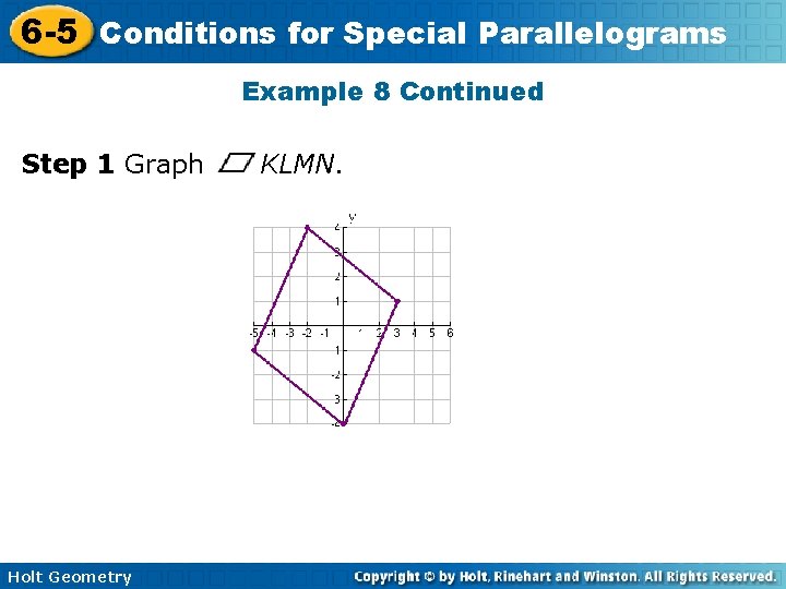 6 -5 Conditions for Special Parallelograms Example 8 Continued Step 1 Graph Holt Geometry