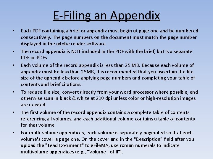 E-Filing an Appendix • • • Each PDF containing a brief or appendix must