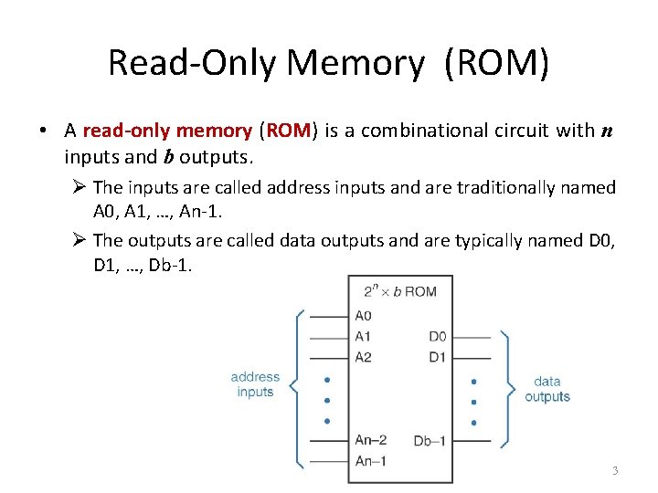 Read-Only Memory (ROM) • A read-only memory (ROM) is a combinational circuit with n