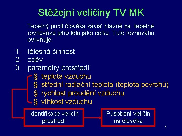 Stěžejní veličiny TV MK Tepelný pocit člověka závisí hlavně na tepelné rovnováze jeho těla