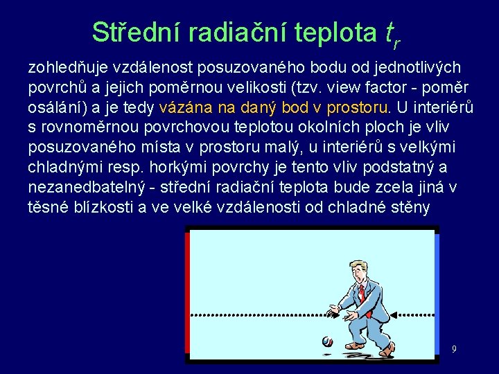 Střední radiační teplota tr zohledňuje vzdálenost posuzovaného bodu od jednotlivých povrchů a jejich poměrnou