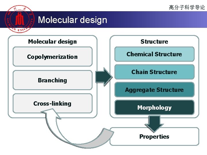 高分子科学导论 Molecular design Structure Copolymerization Chemical Structure Chain Structure Branching Aggregate Structure Cross-linking Morphology