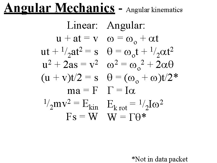 Angular Mechanics - Angular kinematics Linear: u + at = v ut + 1/2