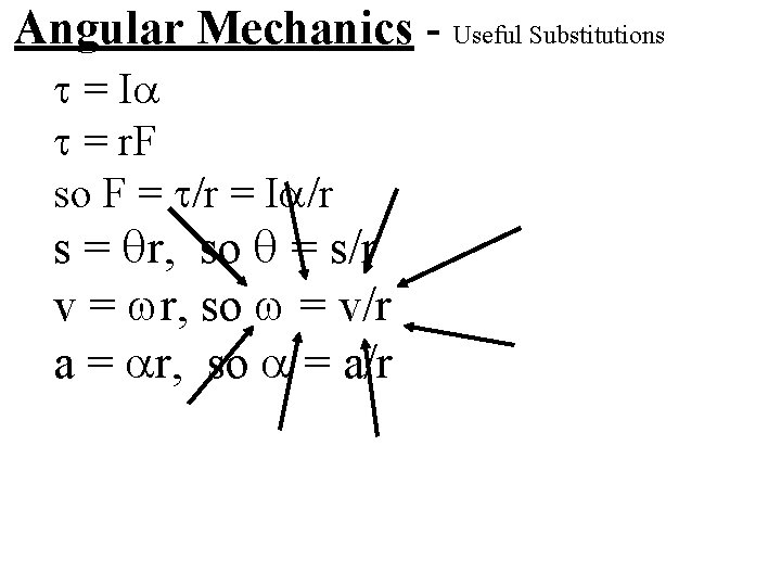 Angular Mechanics - Useful Substitutions = I = r. F so F = /r