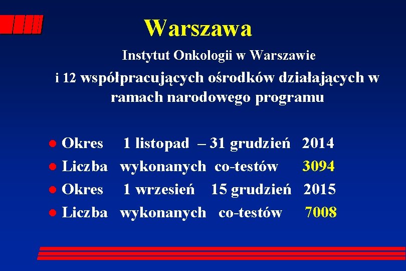 Warszawa Instytut Onkologii w Warszawie i 12 współpracujących ośrodków działających w ramach narodowego programu