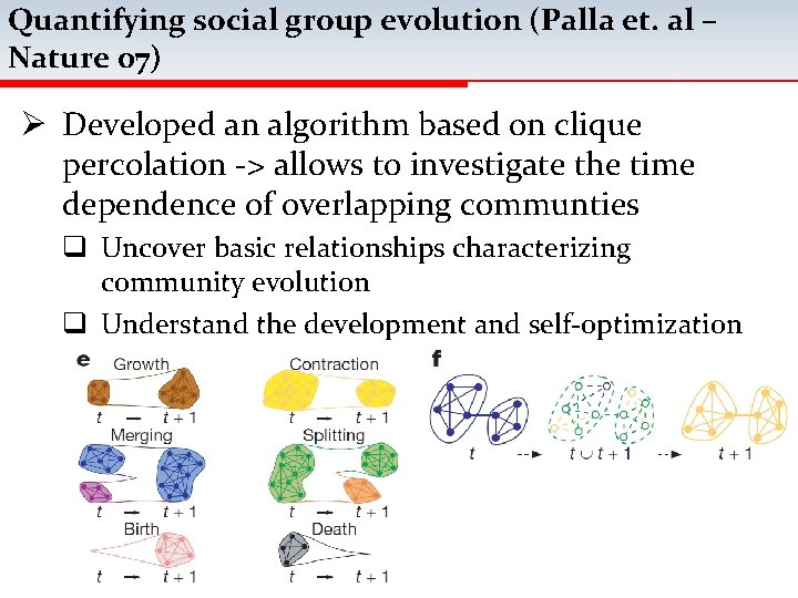 Quantifying social group evolution (Palla et. al – Nature 07) Ø Developed an algorithm