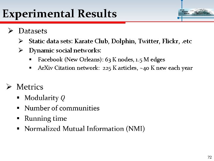 Experimental Results Ø Datasets Ø Static data sets: Karate Club, Dolphin, Twitter, Flickr, .