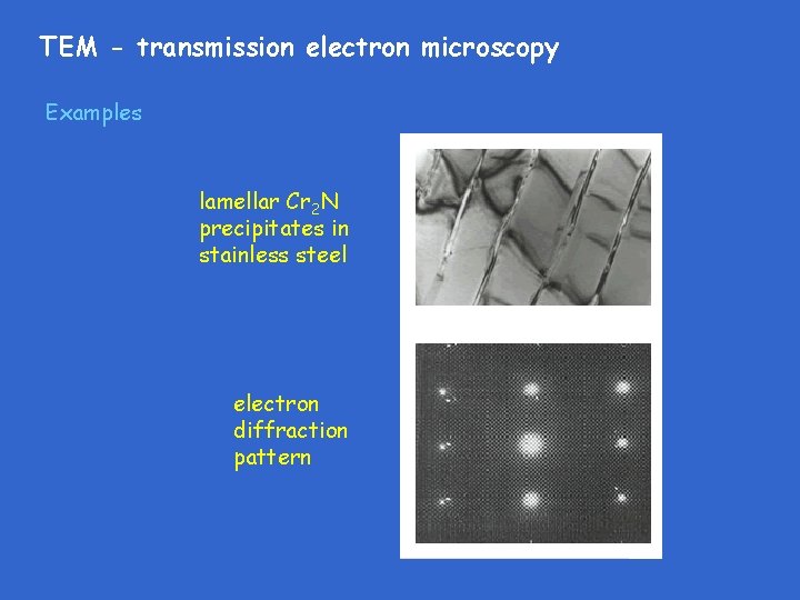 TEM - transmission electron microscopy Examples lamellar Cr 2 N precipitates in stainless steel