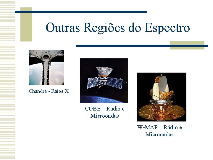 Outras Regiões do Espectro Chandra - Raios X COBE – Radio e Microondas W-MAP