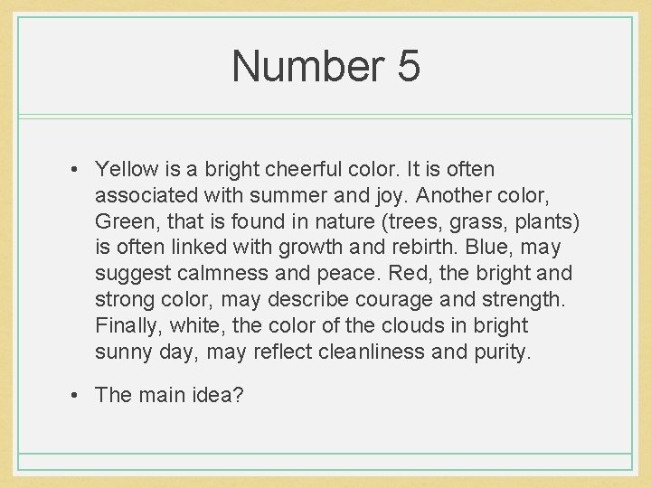 Number 5 • Yellow is a bright cheerful color. It is often associated with Number 5 • Yellow is a bright cheerful color. It is often associated with