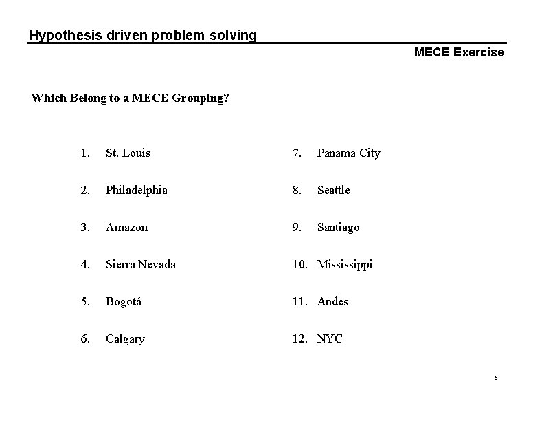 Hypothesis driven problem solving MECE Exercise Which Belong to a MECE Grouping? 1. St.