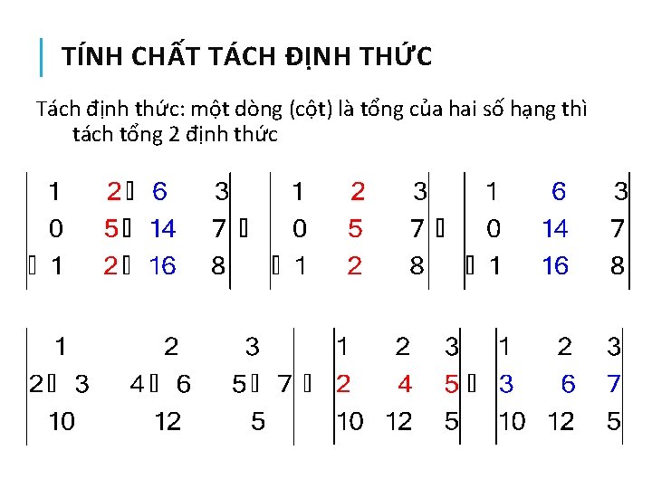 TÍNH CHẤT TÁCH ĐỊNH THỨC Tách định thức: một dòng (cột) là tổng của