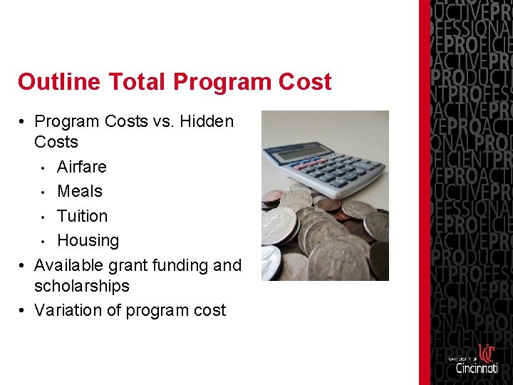 Outline Total Program Cost • Program Costs vs. Hidden Costs • Airfare • Meals