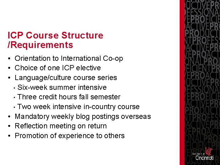 ICP Course Structure /Requirements • Orientation to International Co-op • Choice of one ICP