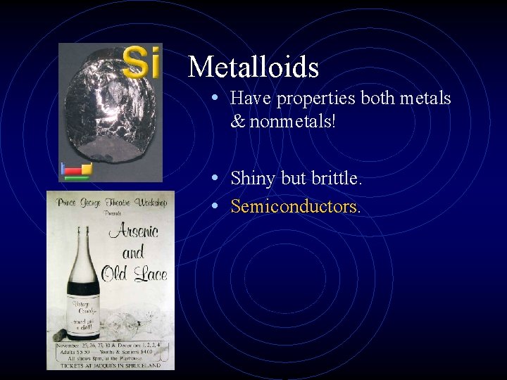 Metalloids • Have properties both metals & nonmetals! • Shiny but brittle. • Semiconductors.
