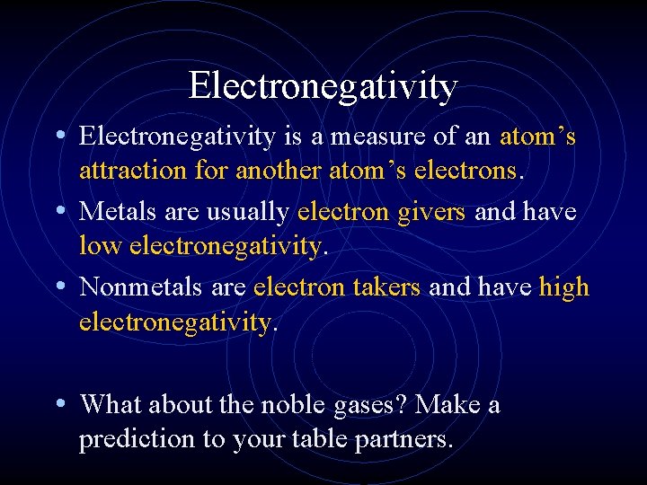 Electronegativity • Electronegativity is a measure of an atom’s attraction for another atom’s electrons.