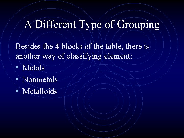 A Different Type of Grouping Besides the 4 blocks of the table, there is