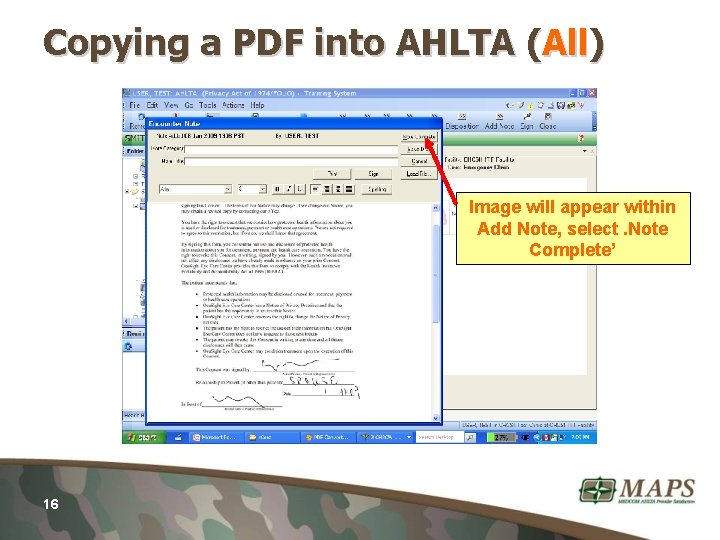 Copying a PDF into AHLTA (All) Image will appear within Add Note, select. Note