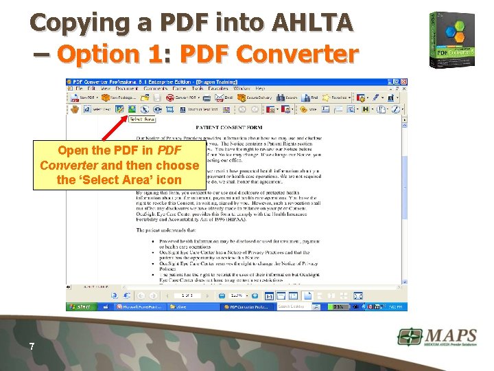 Copying a PDF into AHLTA – Option 1: PDF Converter Open the PDF in