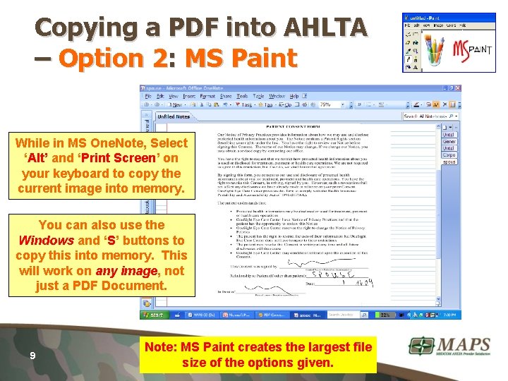 Copying a PDF into AHLTA – Option 2: MS Paint While in MS One.