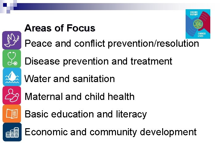  Areas of Focus Peace and conflict prevention/resolution Disease prevention and treatment Water and