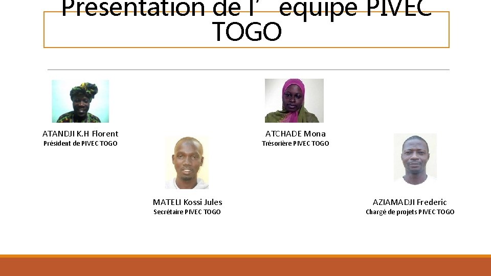 Présentation de l’équipe PIVEC TOGO ATANDJI K. H Florent ATCHADE Mona Président de PIVEC