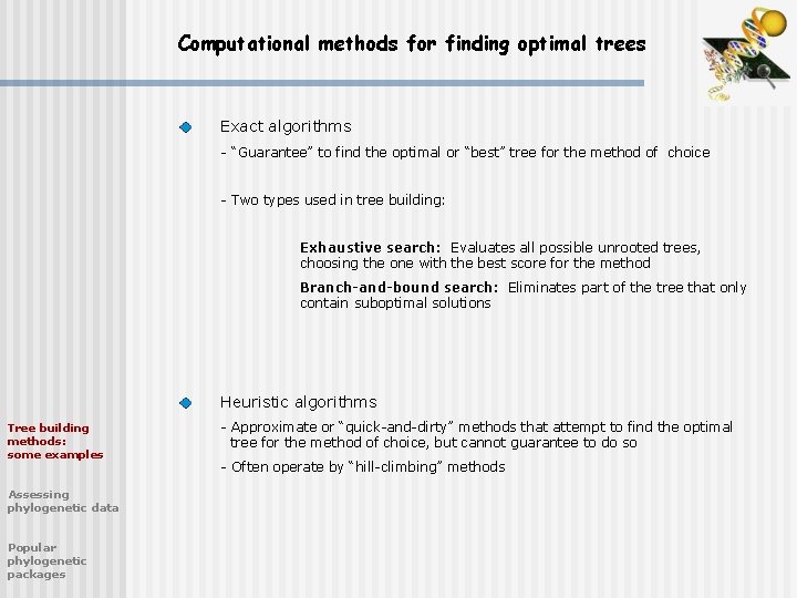 Computational methods for finding optimal trees Exact algorithms - “Guarantee” to find the optimal