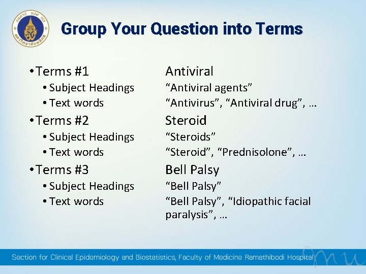 Group Your Question into Terms • Terms #1 • Subject Headings • Text words Group Your Question into Terms • Terms #1 • Subject Headings • Text words