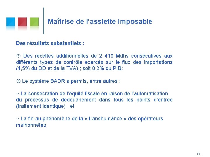 Maîtrise de l’assiette imposable Des résultats substantiels : Des recettes additionnelles de 2 410 Maîtrise de l’assiette imposable Des résultats substantiels : Des recettes additionnelles de 2 410