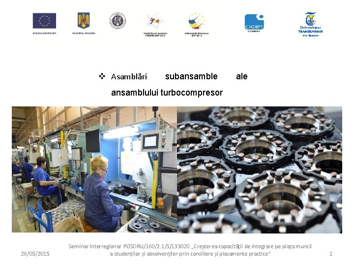 v Asamblări subansamble ansamblului turbocompresor 28/05/2015 Seminar interregional POSDRU/160/2. 1/S/133020 „Creșterea capacității de integrare