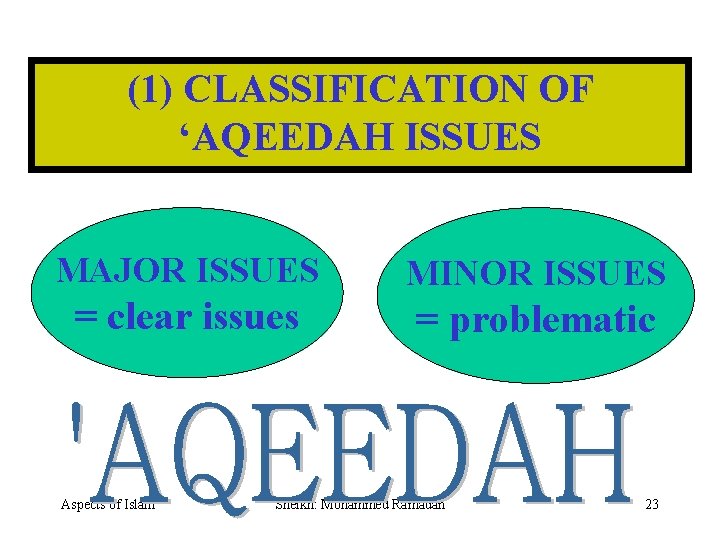 (1) CLASSIFICATION OF ‘AQEEDAH ISSUES MAJOR ISSUES MINOR ISSUES = clear issues = problematic