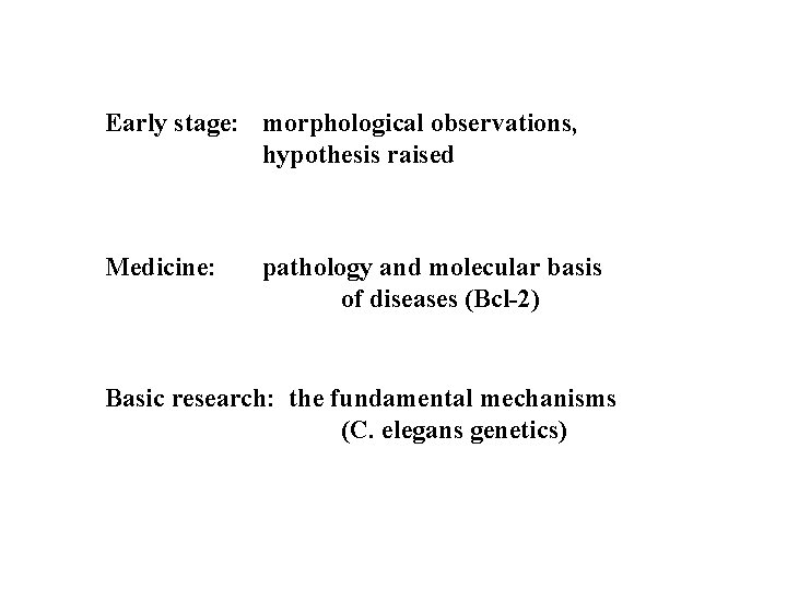 Early stage: morphological observations, hypothesis raised Medicine: pathology and molecular basis of diseases (Bcl-2)