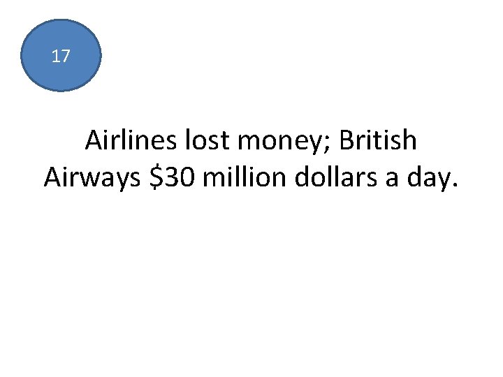 17 Airlines lost money; British Airways $30 million dollars a day. 