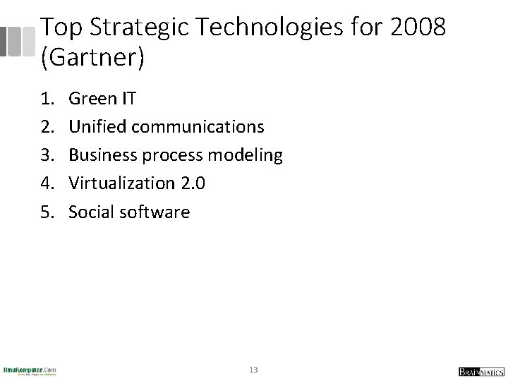 Top Strategic Technologies for 2008 (Gartner) 1. 2. 3. 4. 5. Green IT Unified