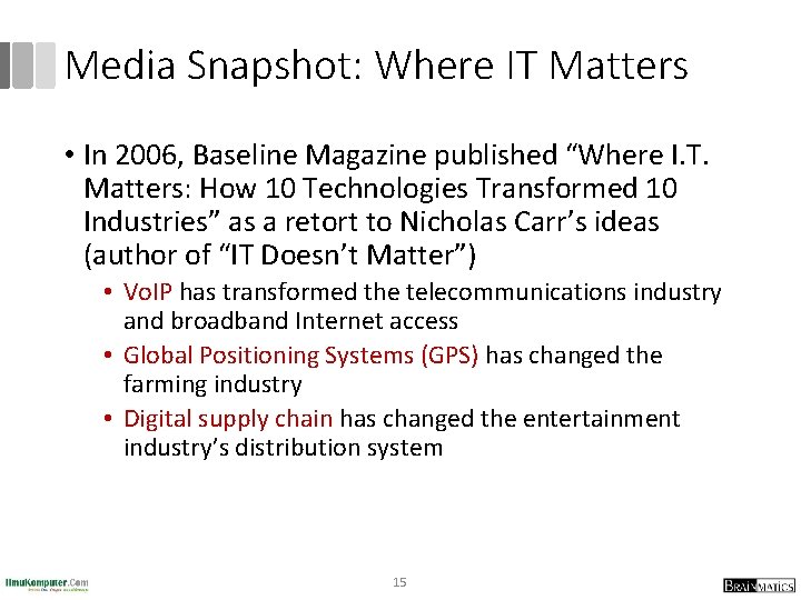 Media Snapshot: Where IT Matters • In 2006, Baseline Magazine published “Where I. T.
