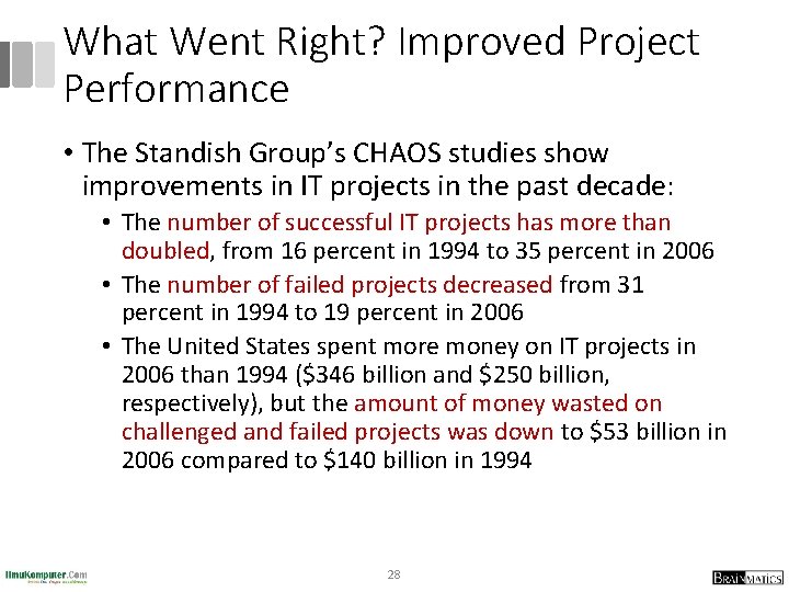 What Went Right? Improved Project Performance • The Standish Group’s CHAOS studies show improvements
