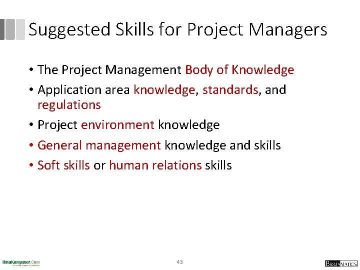 Suggested Skills for Project Managers • The Project Management Body of Knowledge • Application