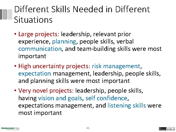 Different Skills Needed in Different Situations • Large projects: leadership, relevant prior experience, planning,