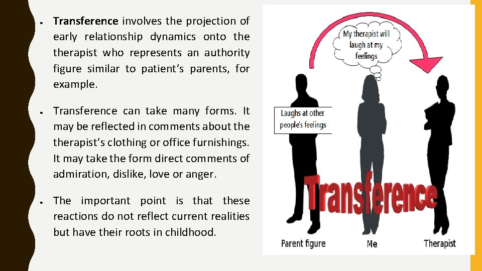 ● ● ● Transference involves the projection of early relationship dynamics onto therapist who