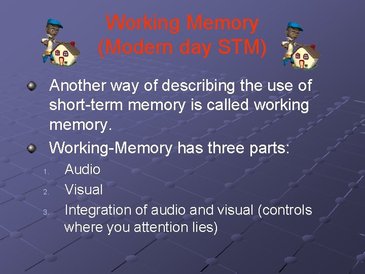 Working Memory (Modern day STM) Another way of describing the use of short-term memory Working Memory (Modern day STM) Another way of describing the use of short-term memory