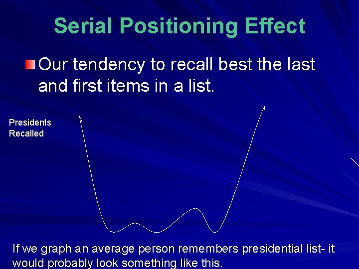 Serial Positioning Effect Our tendency to recall best the last and first items in Serial Positioning Effect Our tendency to recall best the last and first items in
