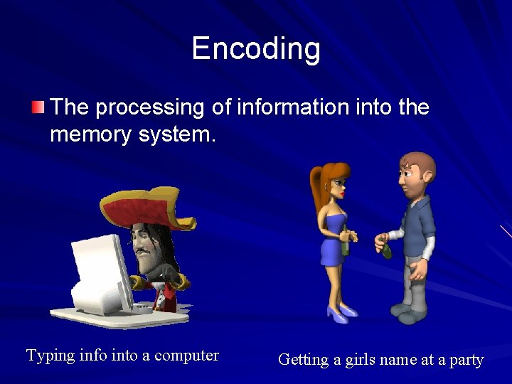 Encoding The processing of information into the memory system. Typing info into a computer Encoding The processing of information into the memory system. Typing info into a computer