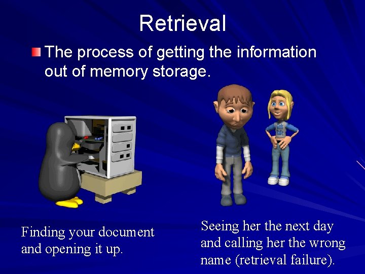 Retrieval The process of getting the information out of memory storage. Finding your document Retrieval The process of getting the information out of memory storage. Finding your document