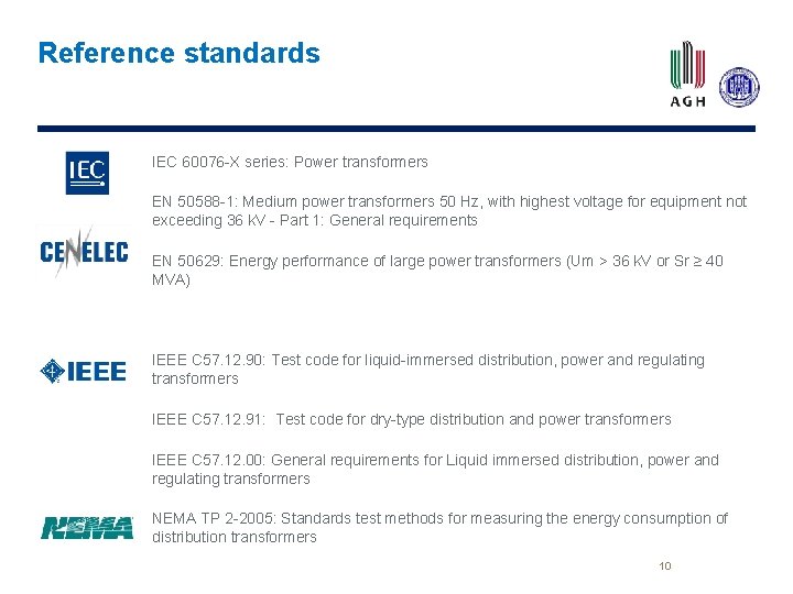Reference standards IEC 60076 -X series: Power transformers EN 50588 -1: Medium power transformers