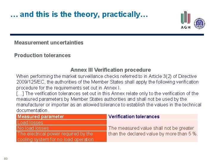 … and this is theory, practically… Measurement uncertainties Production tolerances Annex III Verification procedure