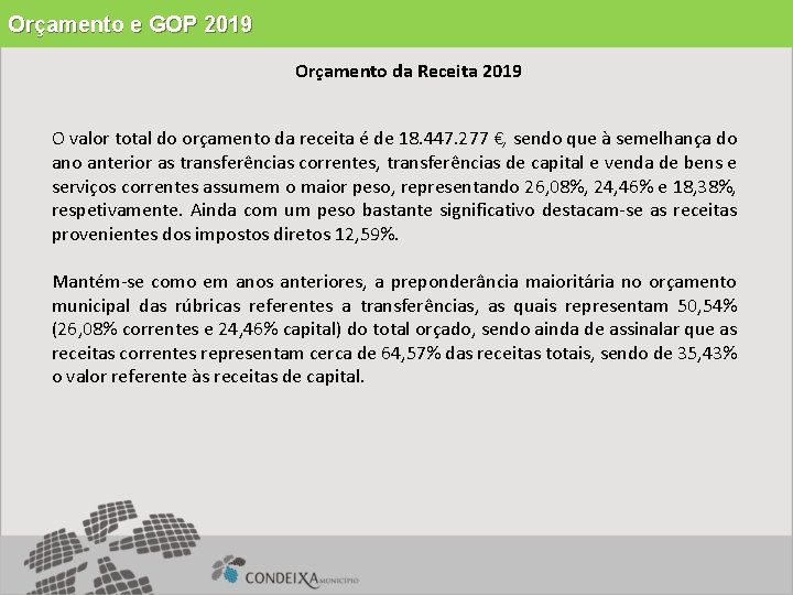 Orçamento e GOP 2019 Orçamento da Receita 2019 O valor total do orçamento da