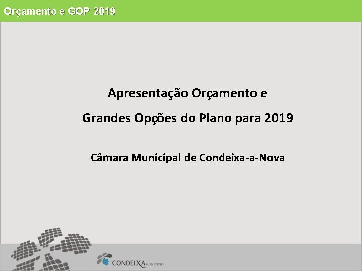 Orçamento e GOP 2019 Apresentação Orçamento e Grandes Opções do Plano para 2019 Câmara