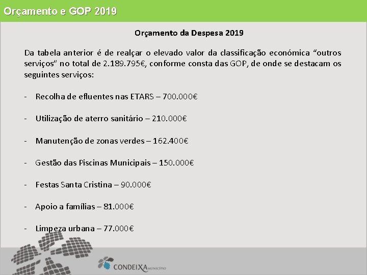 Orçamento e GOP 2019 Orçamento da Despesa 2019 Da tabela anterior é de realçar