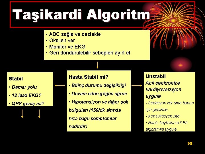 Taşikardi Algoritm • ABC sağla ve destekle • Oksijen ver • Monitör ve EKG